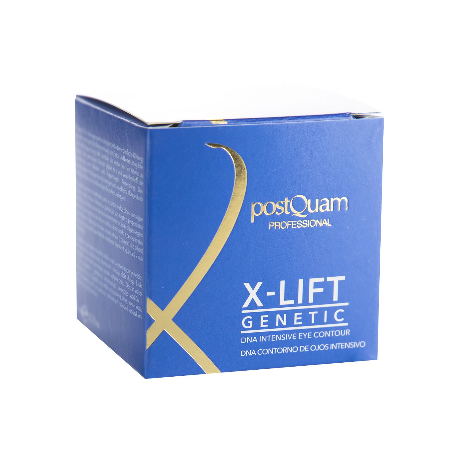 Emballage bleu avec logo doré et inscription : X-LIFT GENETIC, DNA Intensive Eye Contour.