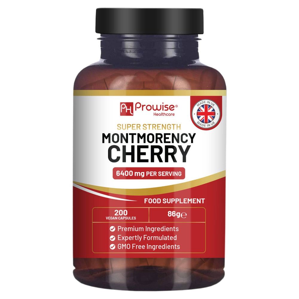 Bruine fles, zwarte dop. Label met "Montmorency Cherry" en "6400 mg". Bevat 200 capsules. Gemaakt in het VK.