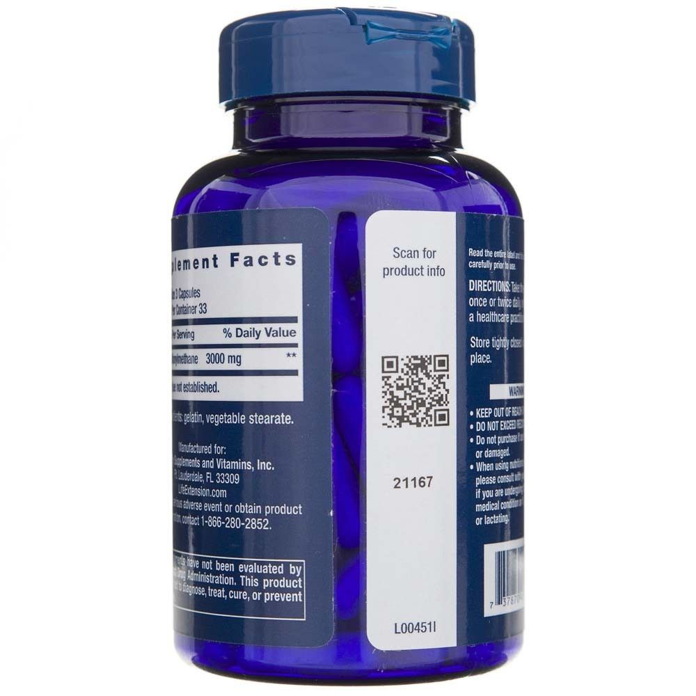 Côté de la bouteille Life Extension MSM 1000 mg avec code QR et code-barres pour les informations sur le produit.