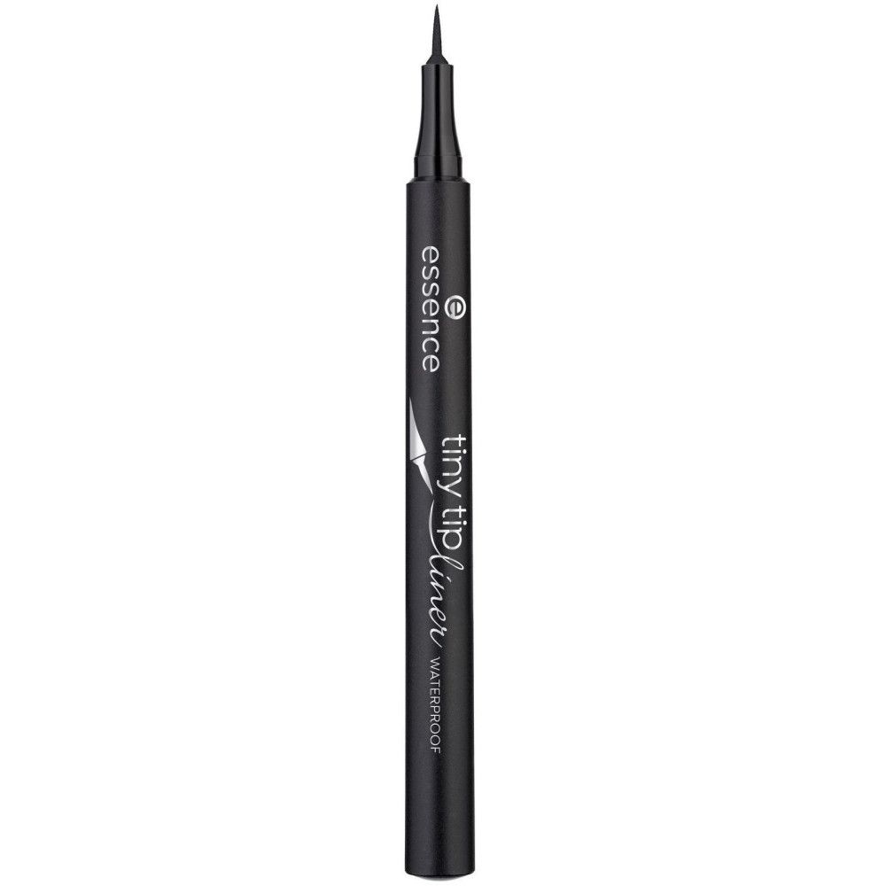 Stylo eye-liner noir à pointe fine. Inscription : Essence tiny tip liner waterproof.