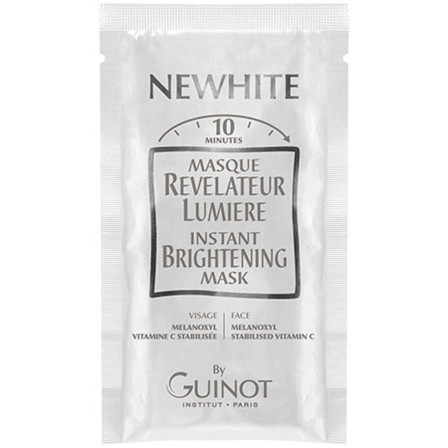 Sachet individuel Guinot Newhite Mask. Inscription: Newhite, Masque Révélateur Lumière, Instant Brightening Mask. Marque: Guinot.