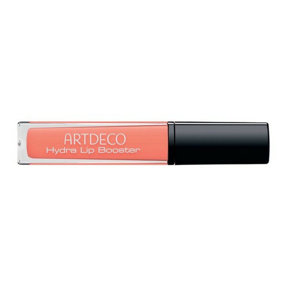Artdeco Hydra Lip Booster. Oranje-rode lipgloss in transparante tube met zwarte dop. Opschrift: ARTDECO, Hydra Lip Booster.