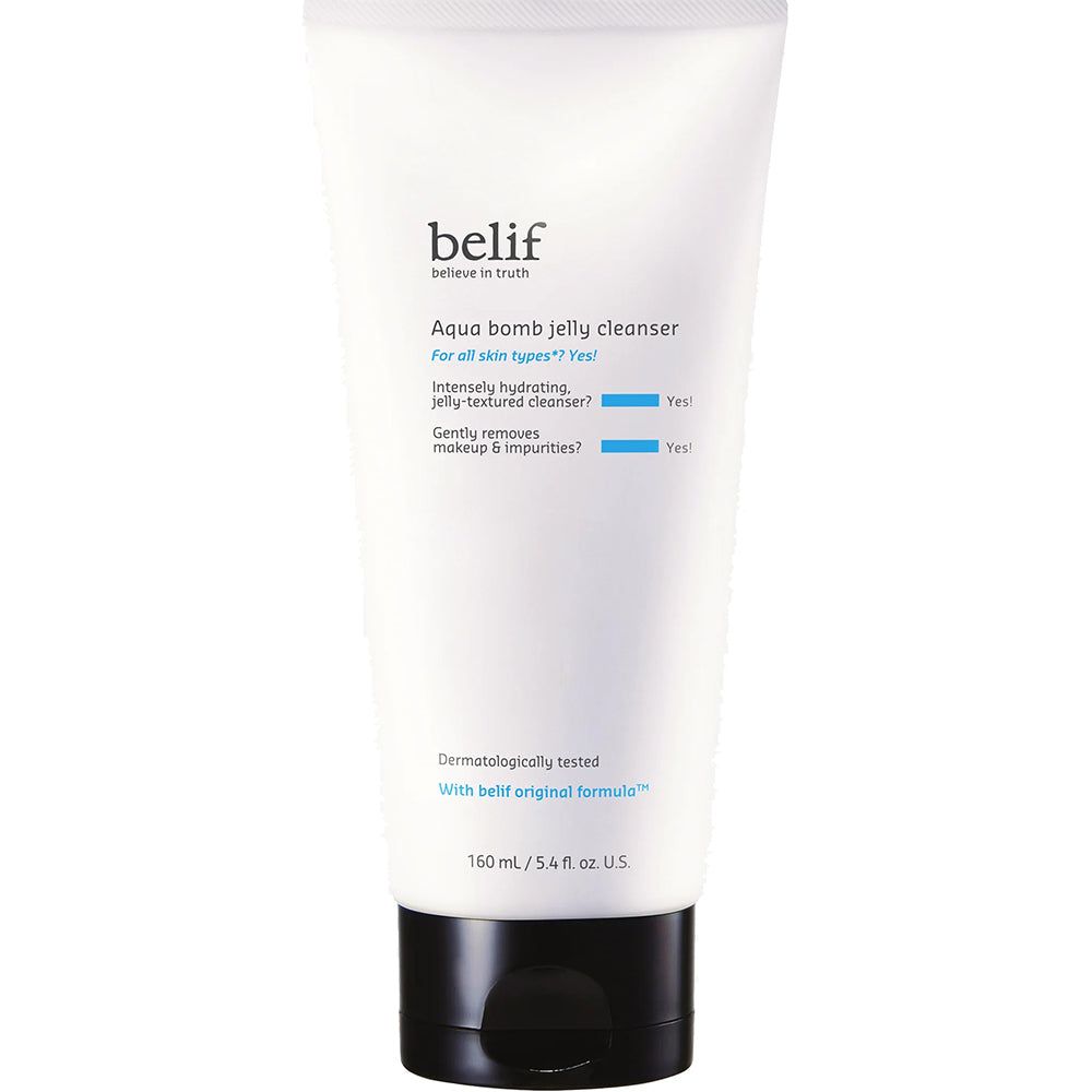 Tube blanc avec bouchon noir à clapet, Belif Aqua Bomb Jelly Cleanser.