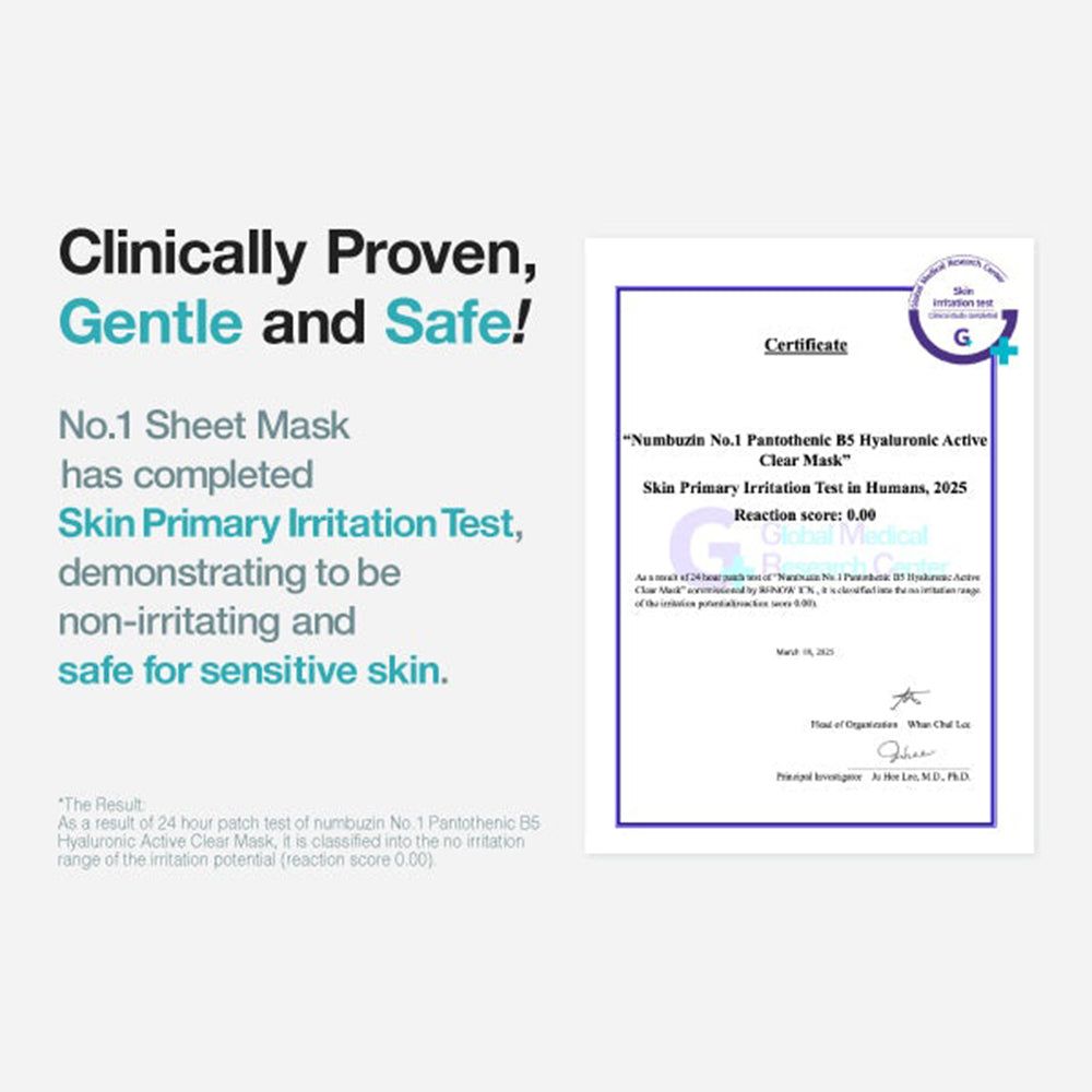 Certificaat voor huidirritatietest van een velmasker met hyaluronzuur en B5.