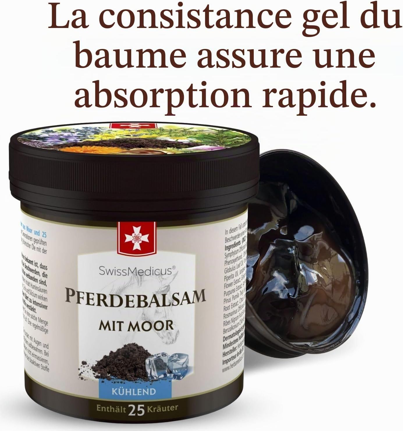Baume pour chevaux au tourbe de SwissMedicus, rafraîchissant, contient 25 herbes.