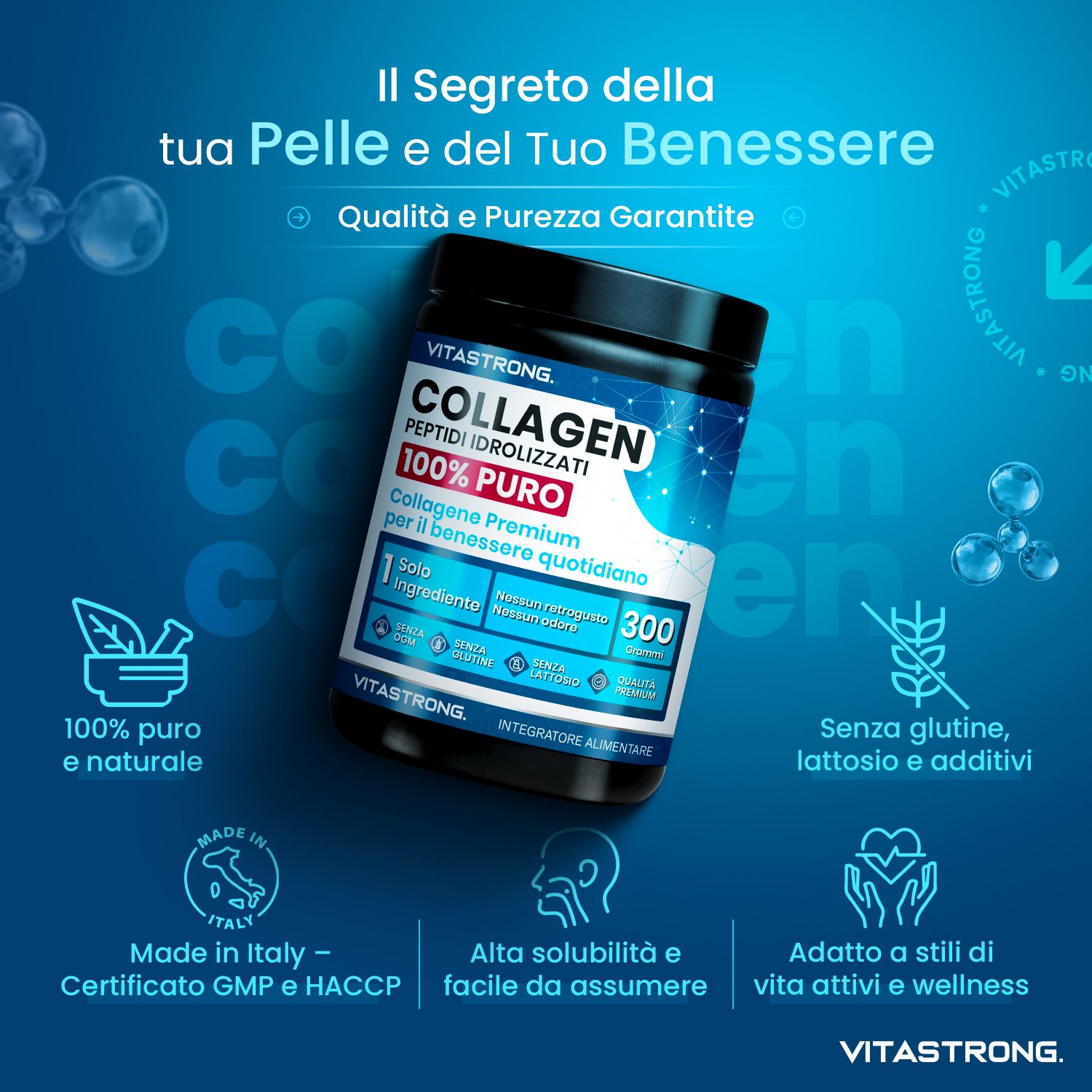 Vitastrong Collagène, pot de 300 g. 100% pur, sans gluten, lactose ni additifs. Fabriqué en Italie.