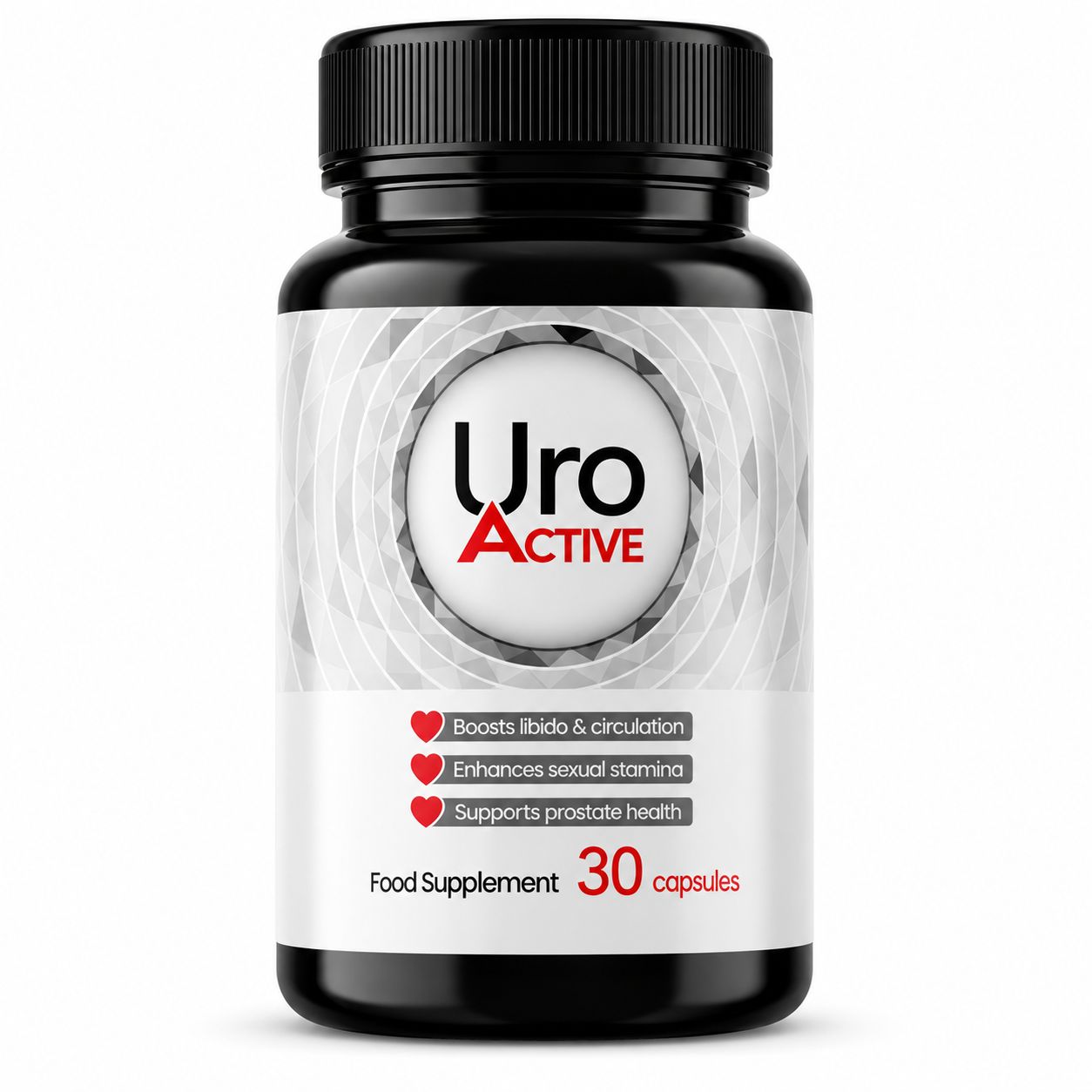 Bouteille de 30 gélules UroActive, favorise la libido, l'endurance et la prostate.