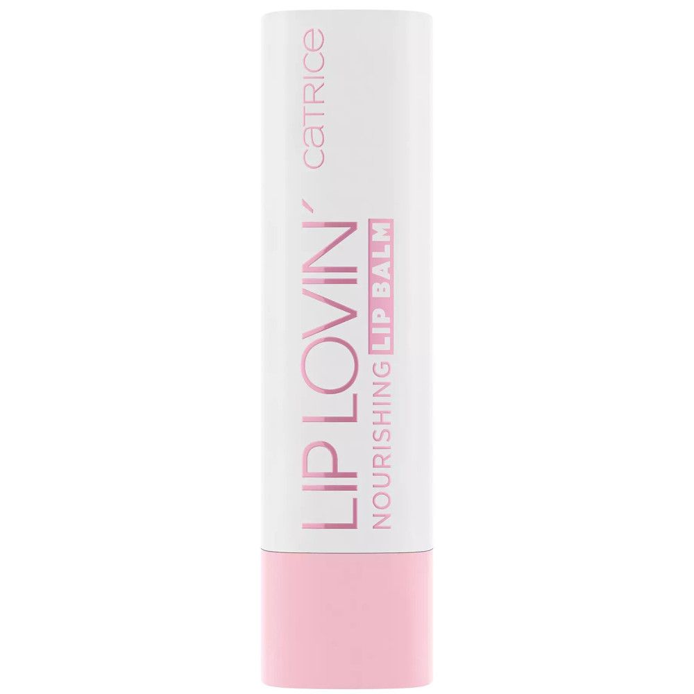 Witte lippenbalsemstift met roze onderkant. Opschrift 'CATRICE' en 'LIP LOVIN' NOURISHING LIP BALM' in roze.
