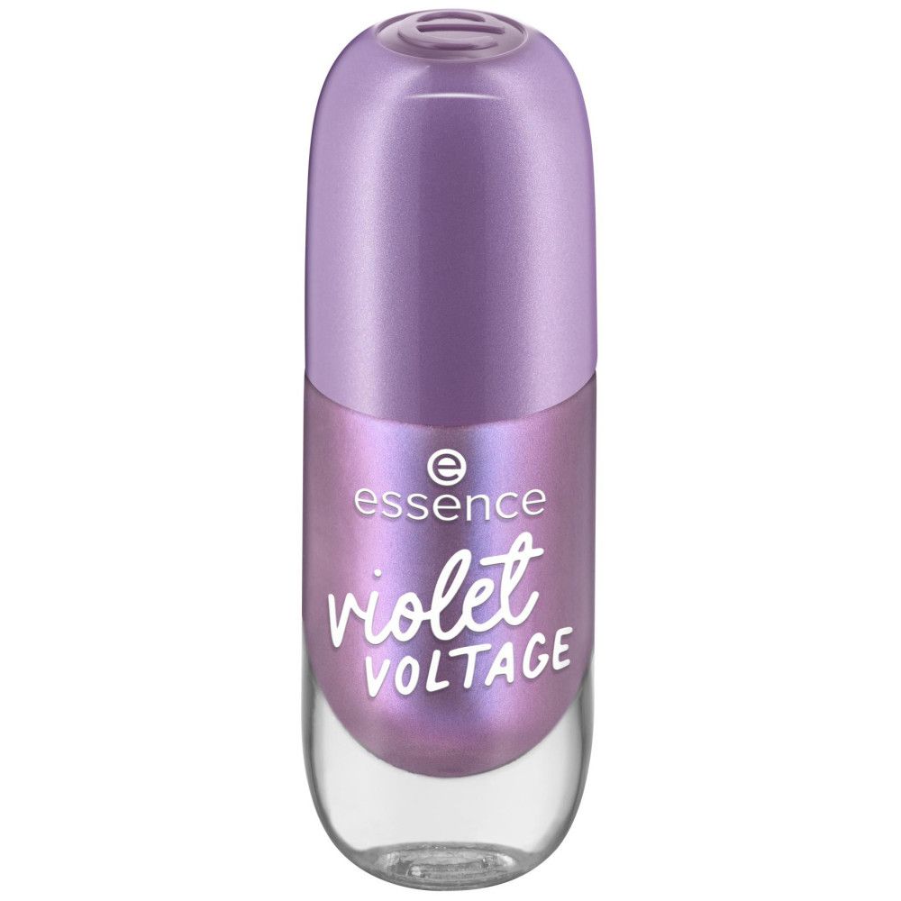 Flacon de vernis à ongles avec bouchon violet. Vernis violet, inscription "violet VOLTAGE".