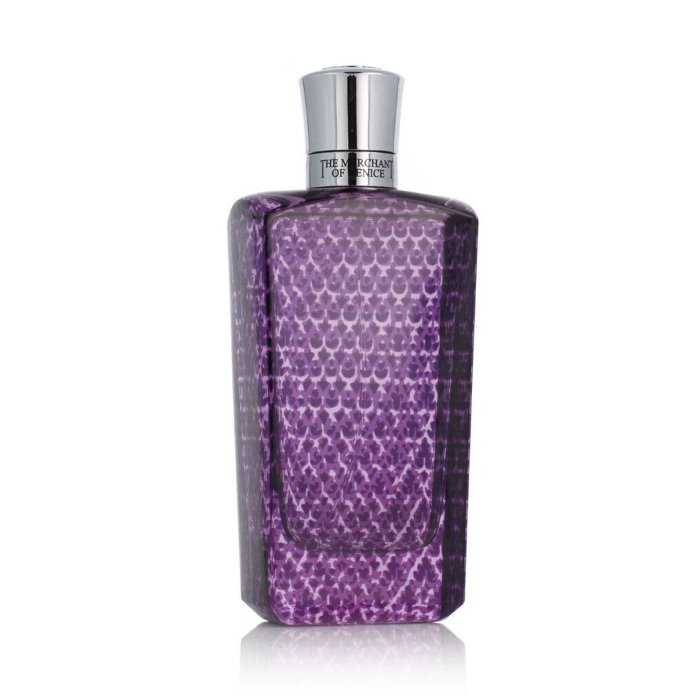 Nobil Homo Damascus Desert Eau de Parfum flesje. Paars glazen flesje met zilveren dop en reliëfpatroon.