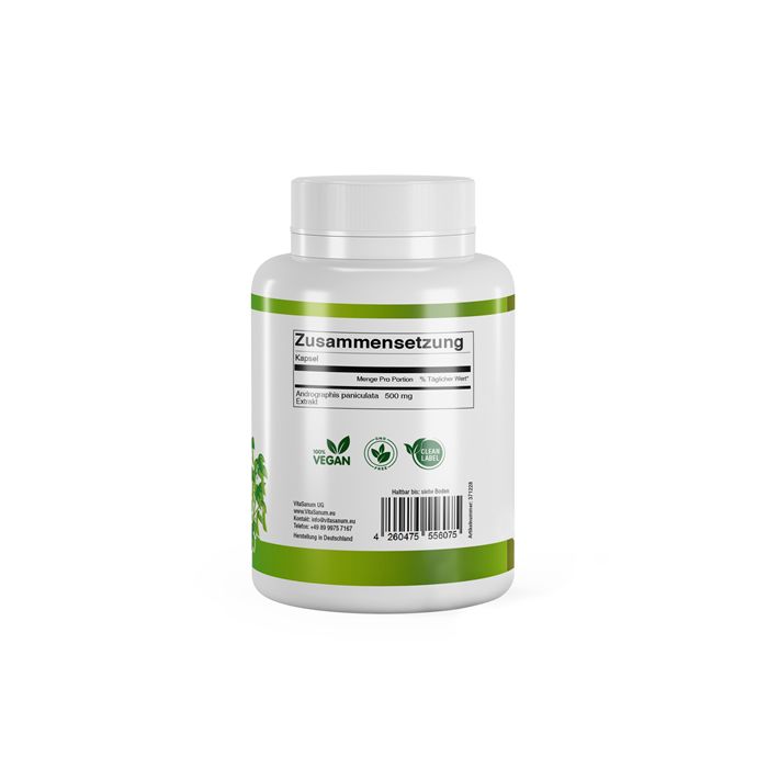 Achterkant witte fles VitaSanum® Andrographis. Tekst, ingrediëntenlijst, Vegan-zegel, barcode.
