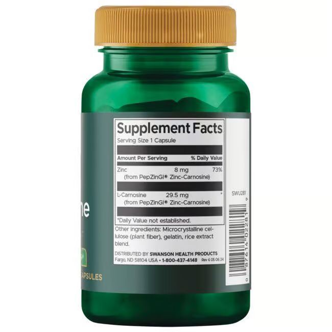 Achterkant van groene fles. Opschrift: Supplement Facts, Zink, L-Carnosine, ingrediënten, Swanson Health Products.