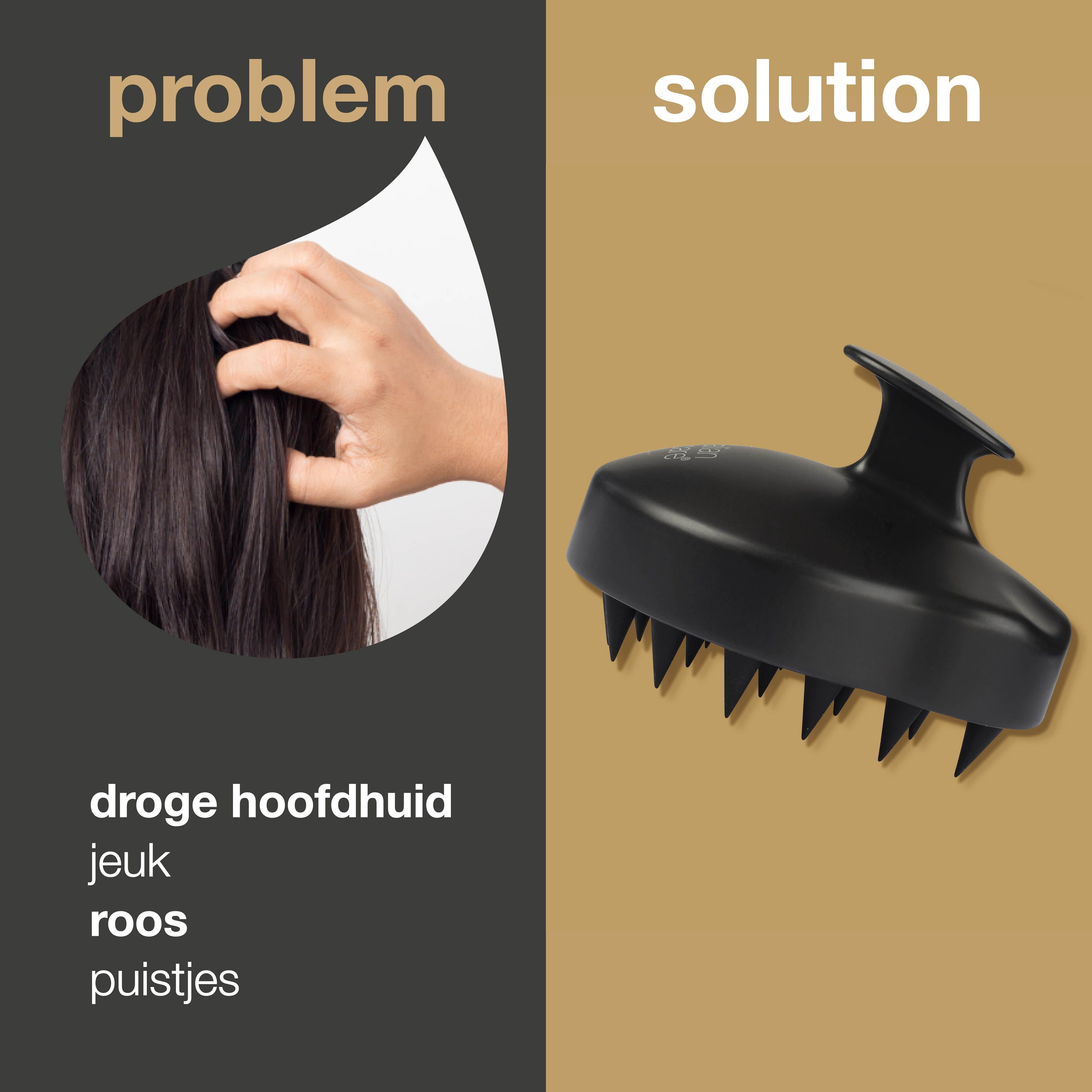 Grafiek: probleem en oplossing. Links: hand raakt hoofdhuid aan. Rechts: hoofdhuidmassageborstel. Tekst: droge hoofdhuid, jeuk, roos, puistjes.