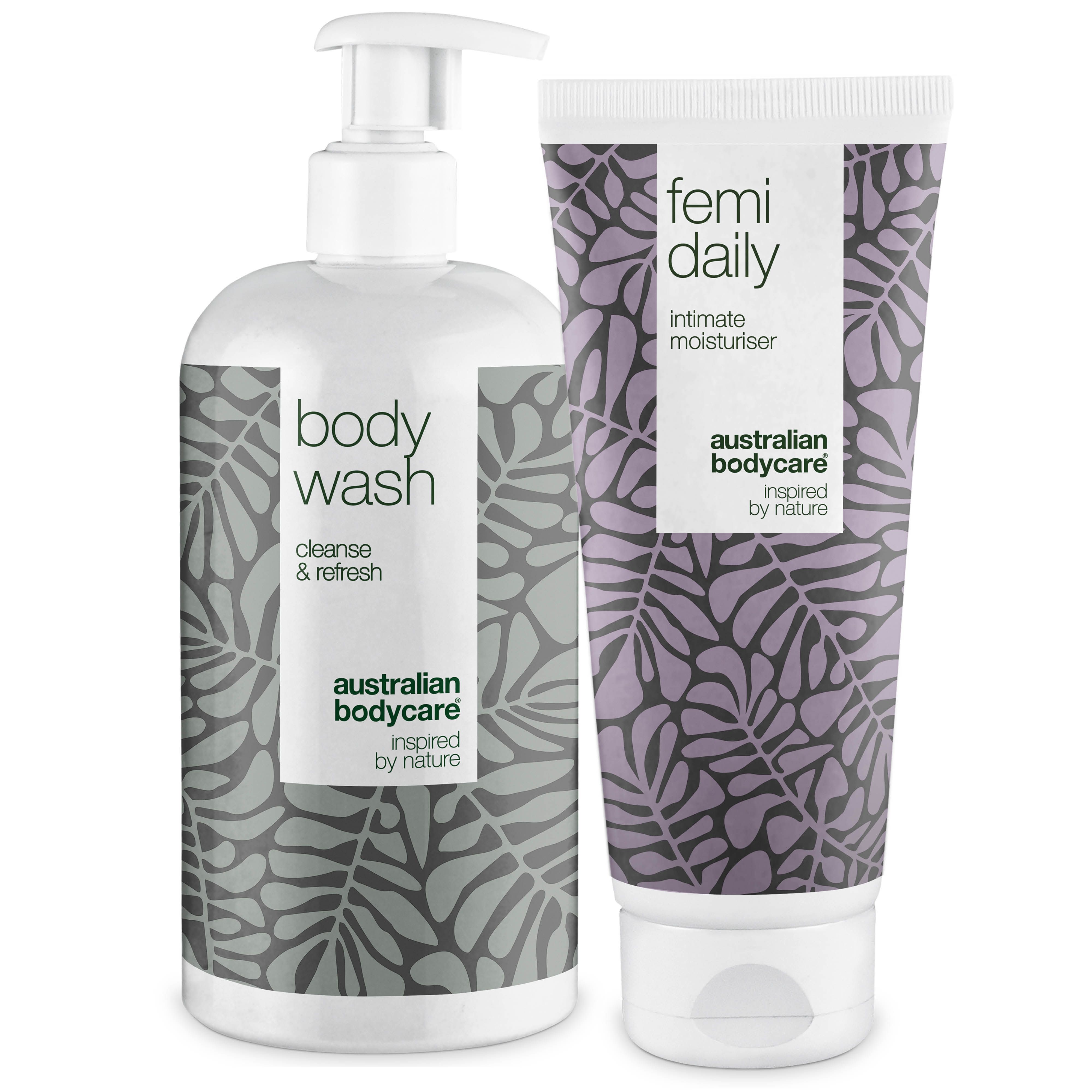 Deux bouteilles blanches avec des feuilles grises. L'une est un gel douche, l'autre un hydratant intime.