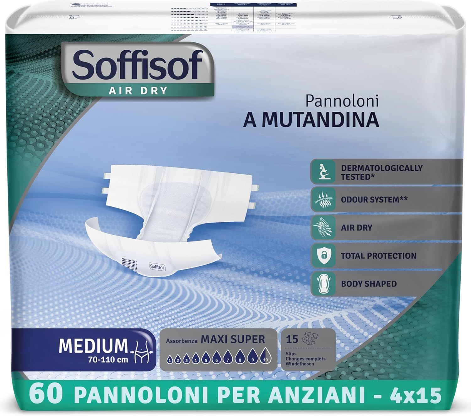 Verpakking Soffisof Air Dry Maxi Super volwassen luiers. Medium, 70-110 cm. 60 stuks.