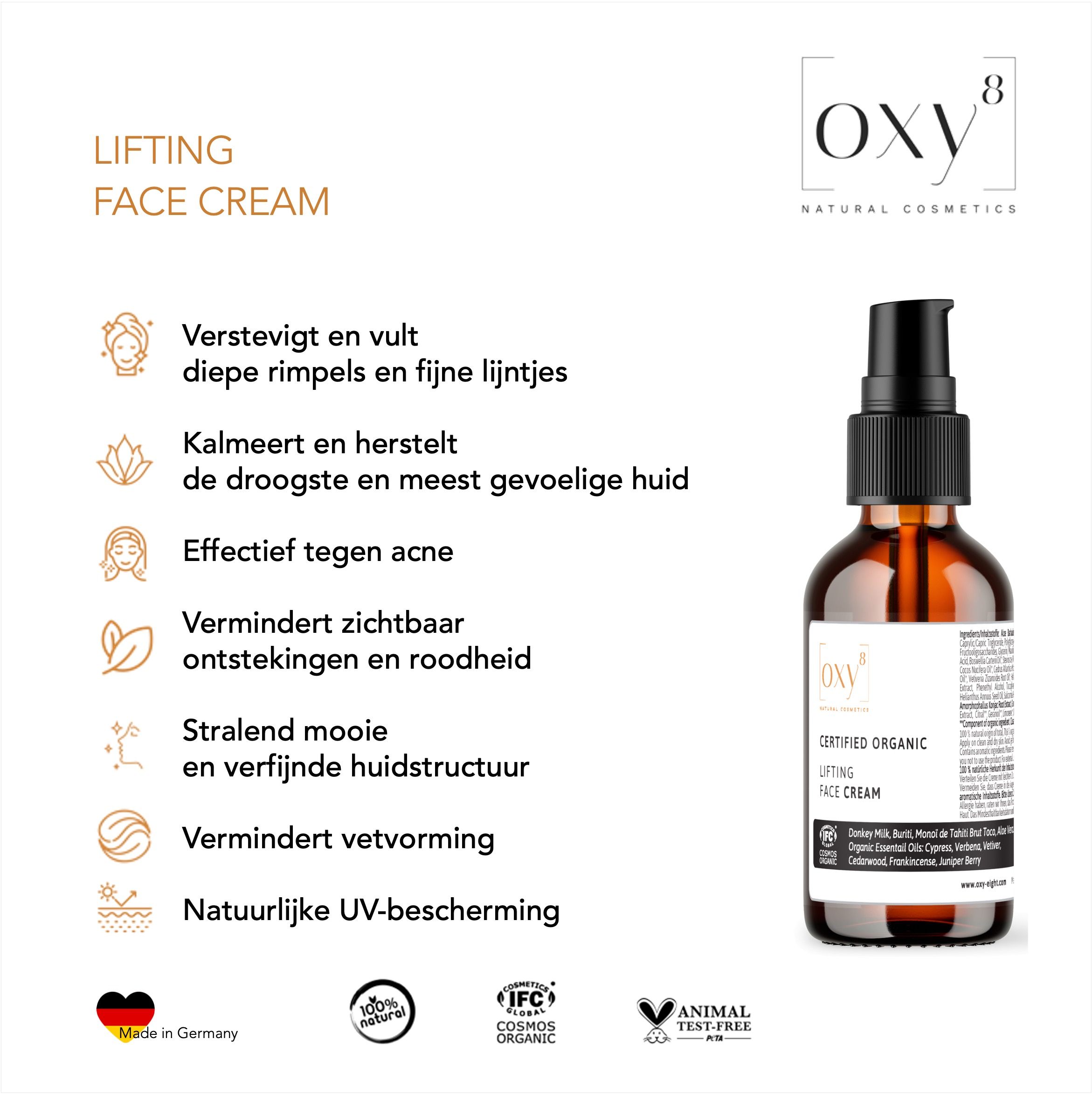 oxy8 Natural Cosmetics LIFTING FACE CREAM – Anti Aging. Kalmeert de meest gevoelige & droge huid