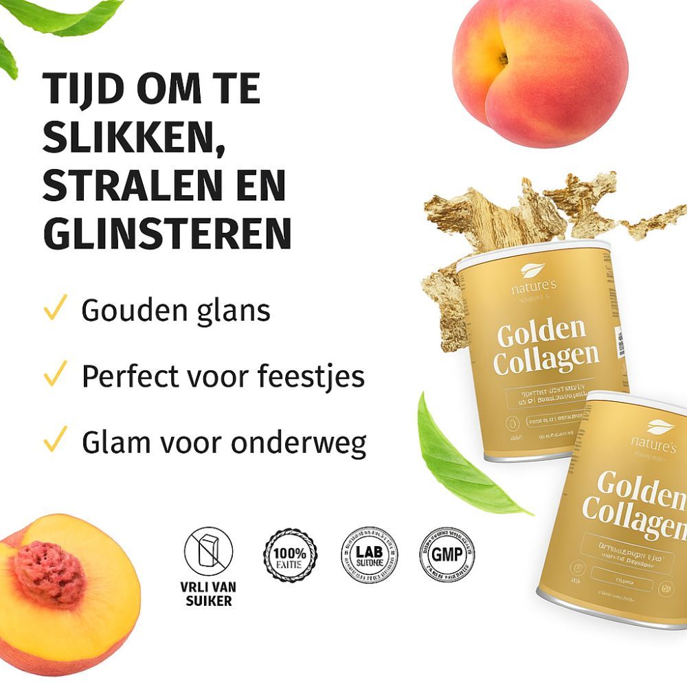 Twee dozen Golden Collagen, perziken, gouden glans. Vrij van suiker, 100% zuiverheid, Lab-certificering, GMP.