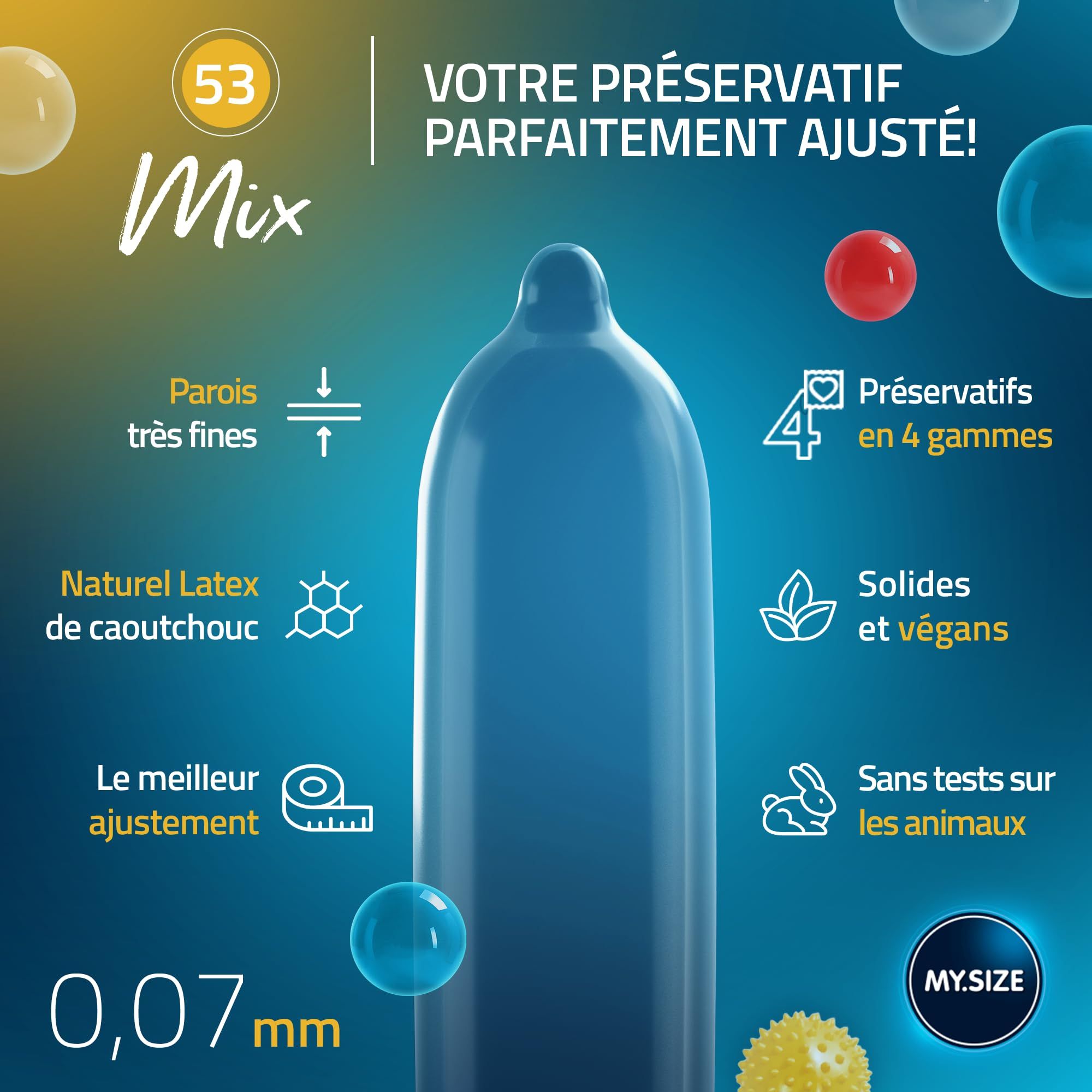 Préservatif MY.SIZE, taille 53mm, bleu, en latex naturel, 0,07mm d'épaisseur.