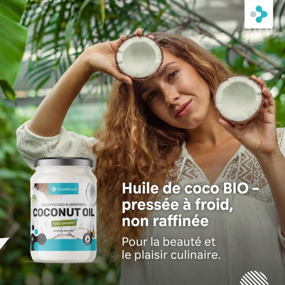 Femme avec moitiés de noix de coco, bouteille d'huile de coco BIO. "Pour la beauté et le plaisir culinaire".