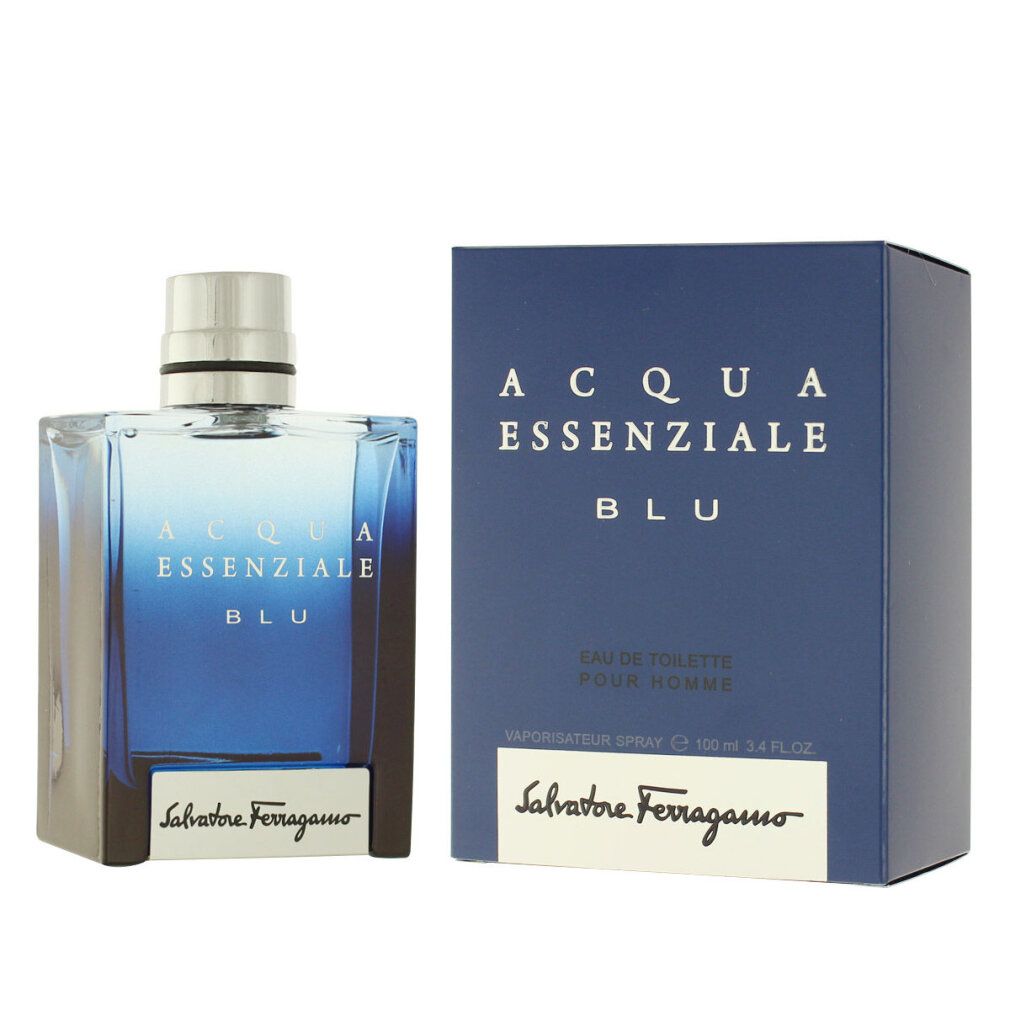 Blauwe parfumfles en doos. Opschrift: Acqua Essenziale Blu, Salvatore Ferragamo. Fles met zilveren dop.