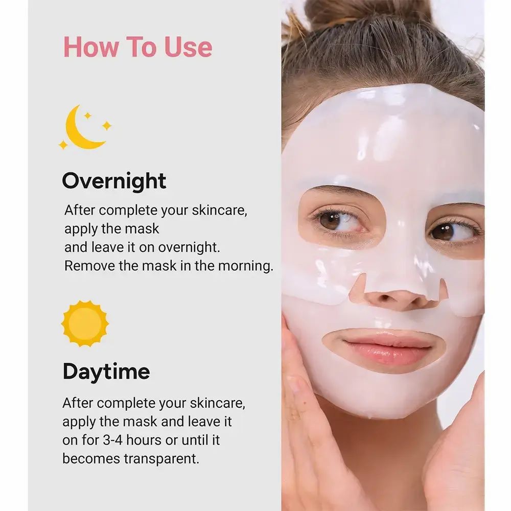 Instructions d'utilisation du masque facial. Texte: Overnight et Daytime. Une femme porte le masque.