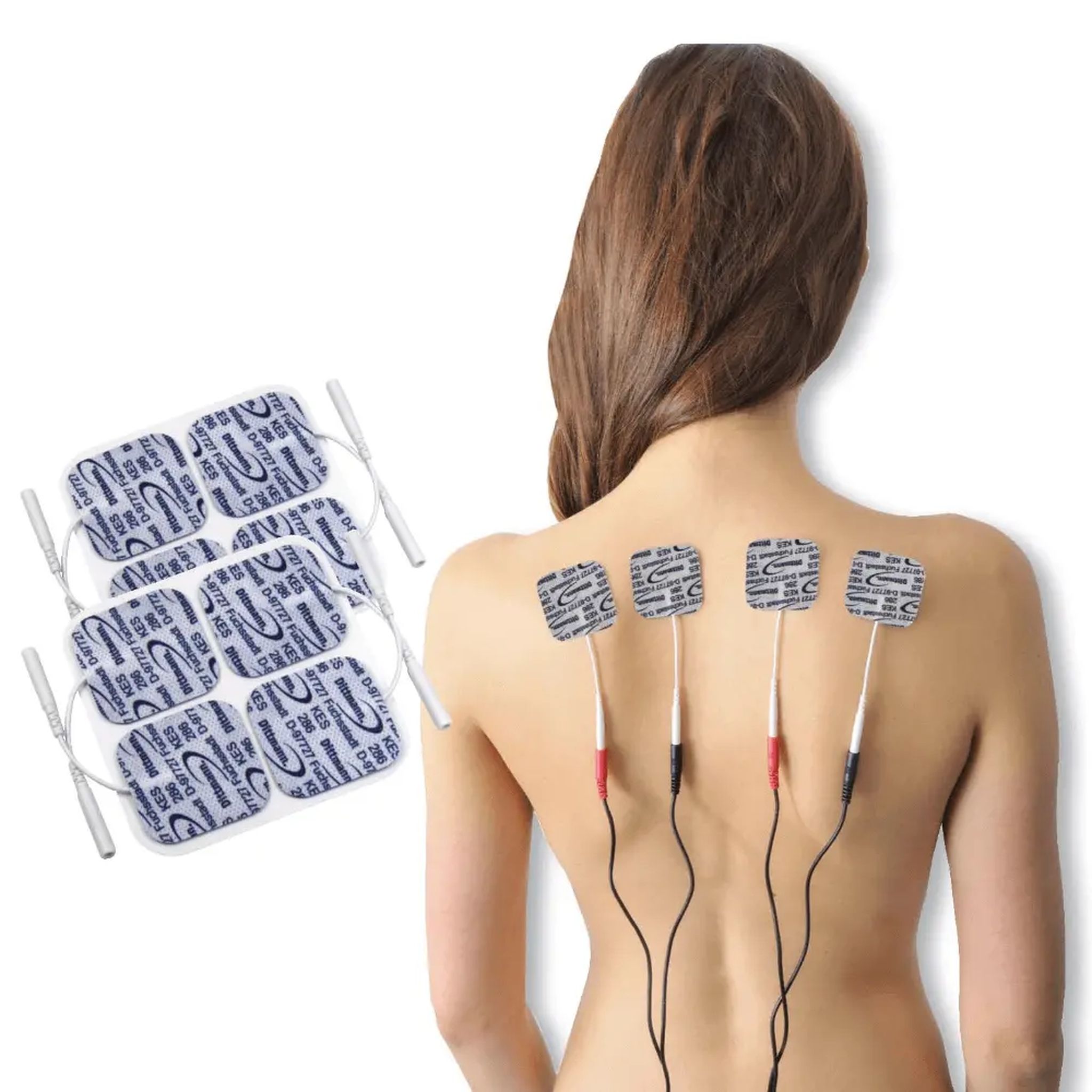 Dos d'une femme avec électrodes. Paquet d'électrodes à gauche. Électrodes reliées par des câbles.