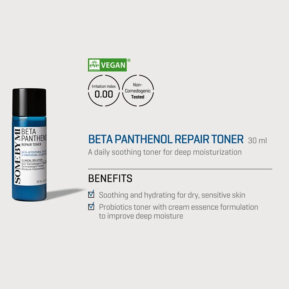 Flacon bleu avec bouchon noir. Texte : BETA PANTHENOL REPAIR TONER, 30 ml. Logos : Vegan, Indice d'irritation 0.00, Testé non comédogène.
