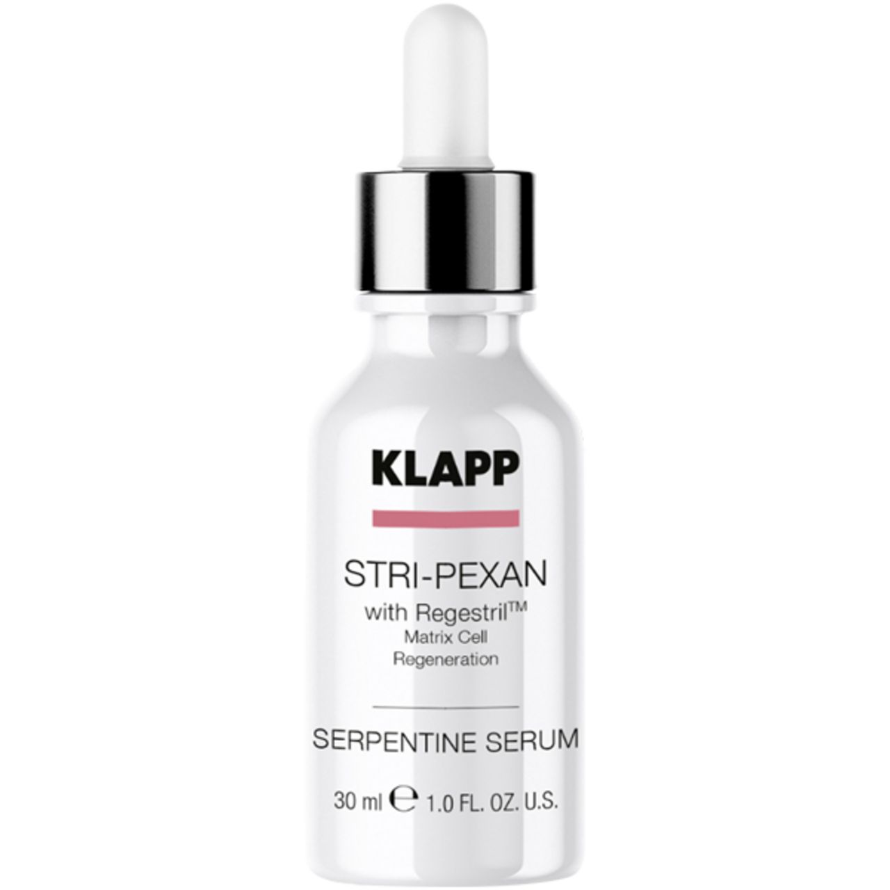 Witte fles met zilveren dop en pipet. Opschrift: Klapp, Stri-Pexan Serpentine Serum, 30 ml.