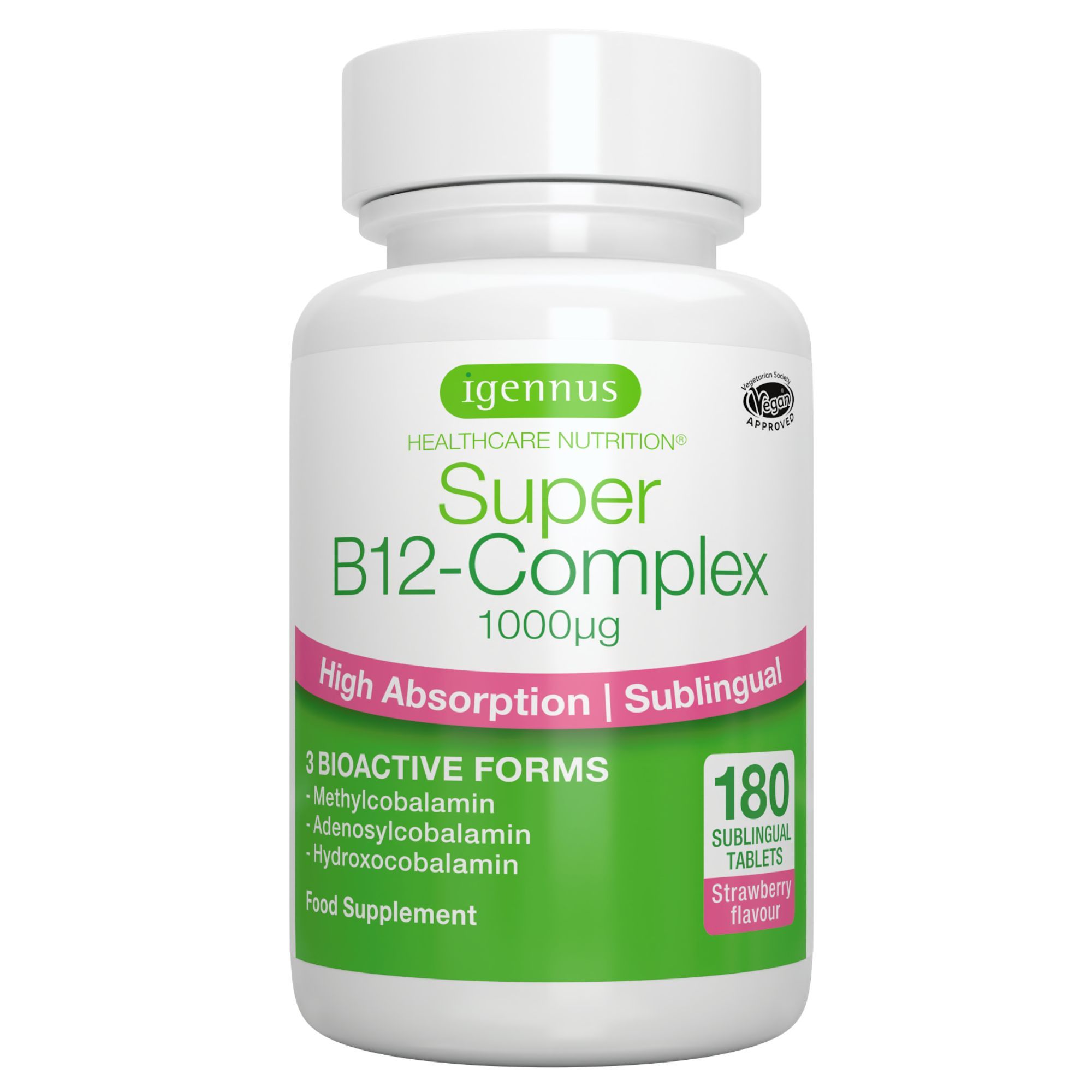 Flacon blanc avec étiquette verte et rose. Texte : Super B12-Complex, 1000mcg, 180 comprimés. Igennus.