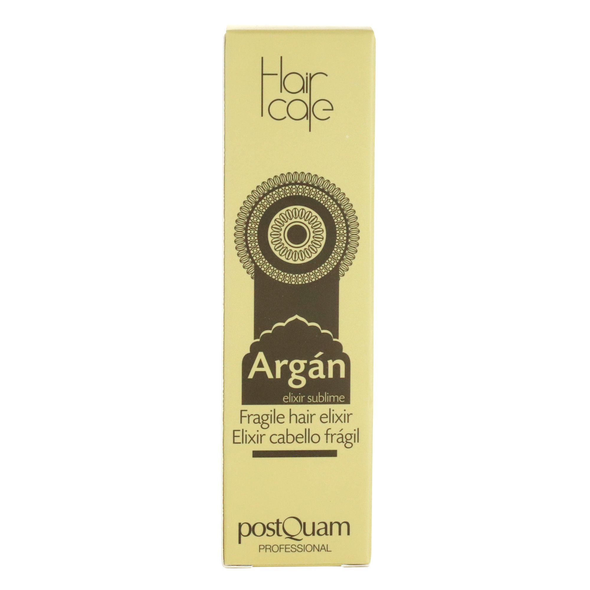 Beige verpakking met opschrift: Argán, Fragile hair elixir, PostQuam. Decoratief patroon.