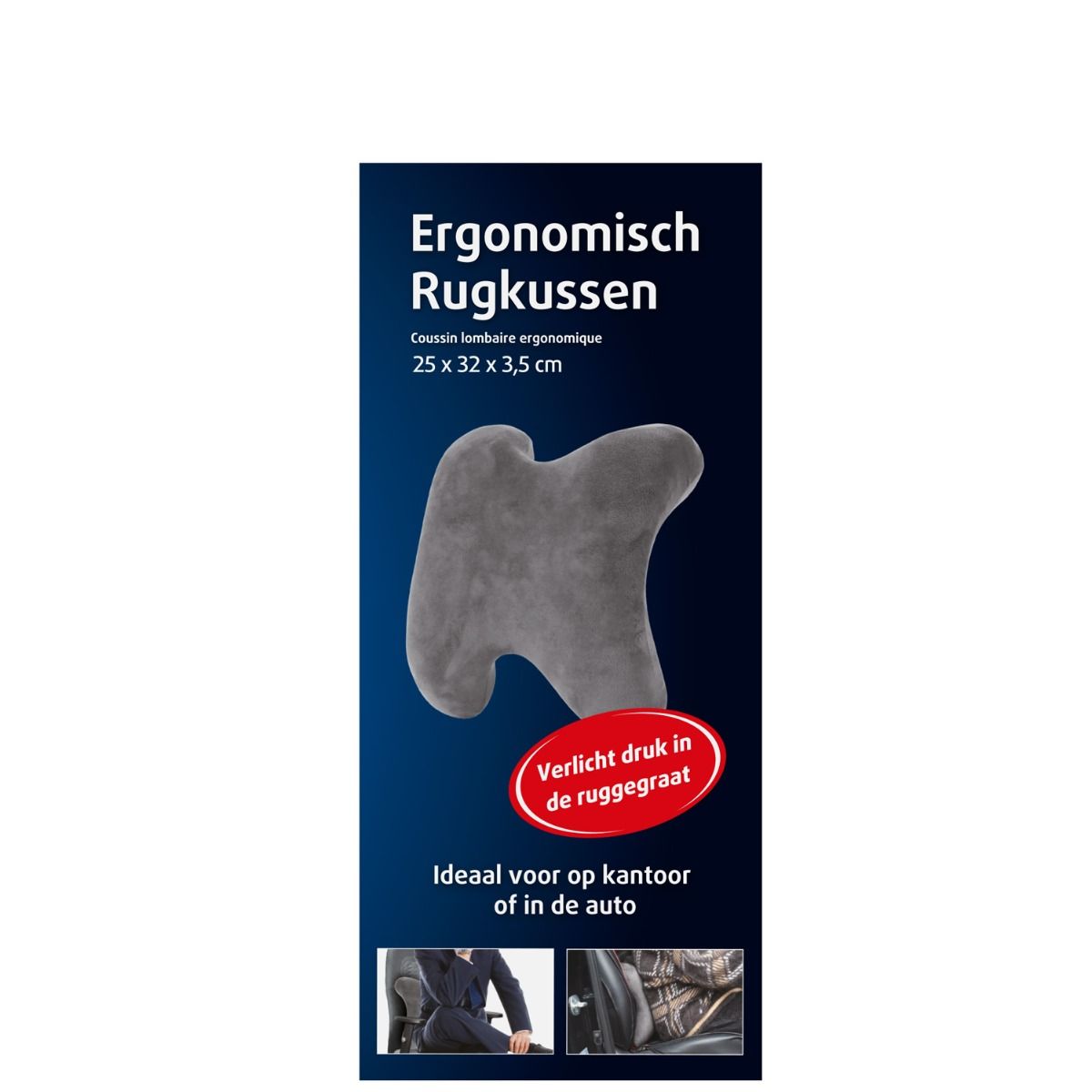 Grijs ergonomisch rugkussen. Tekst: 'Lenden Steun'. Ideaal voor kantoor of auto. Illustratie van persoon in auto.