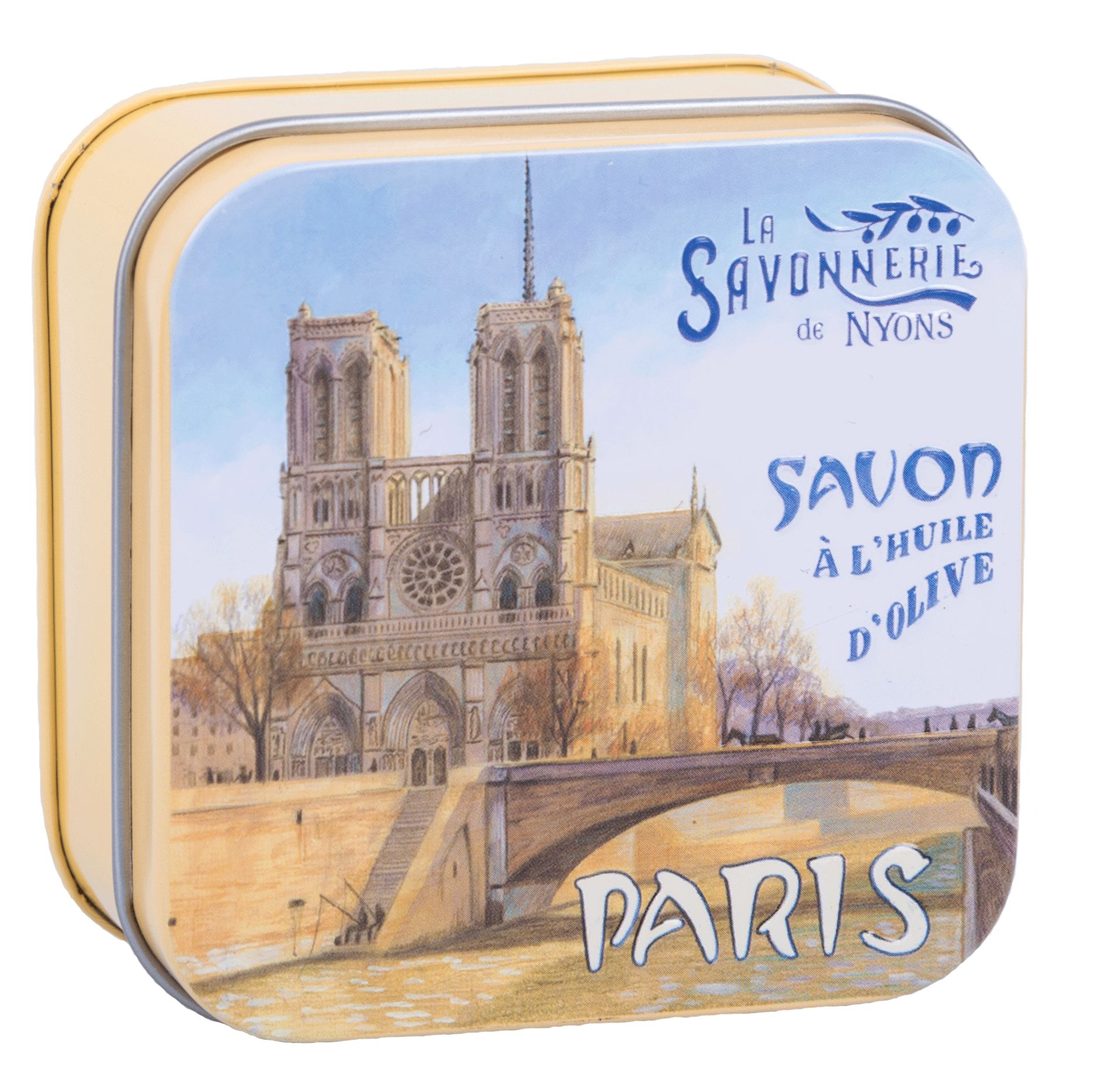 Gele metalen doos met afbeelding van Notre Dame in Parijs. Opschrift: La Savonnerie de Nyons, Savon à l'huile d'olive.
