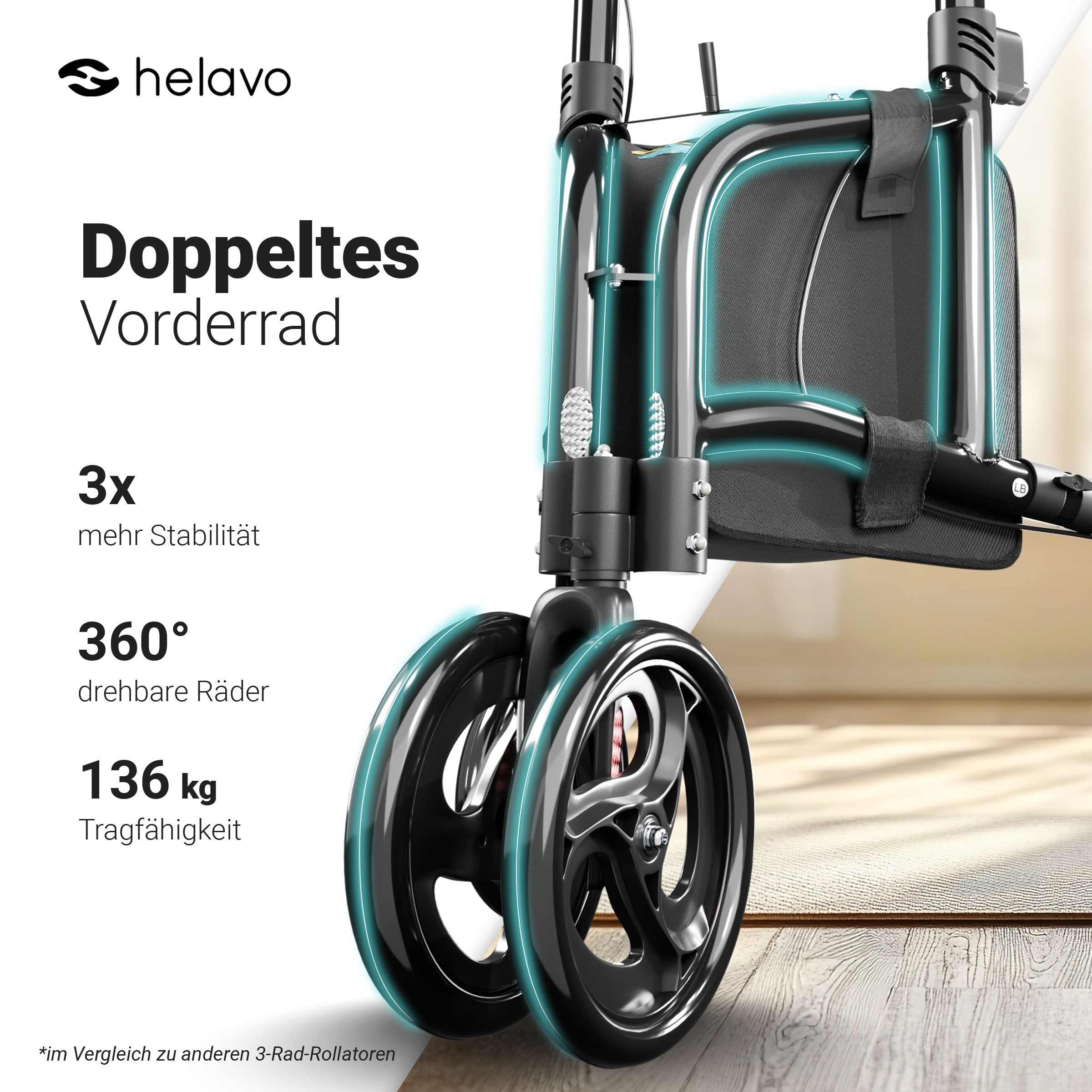 Vue détaillée des roues avant jumelées d'un déambulateur étroit.