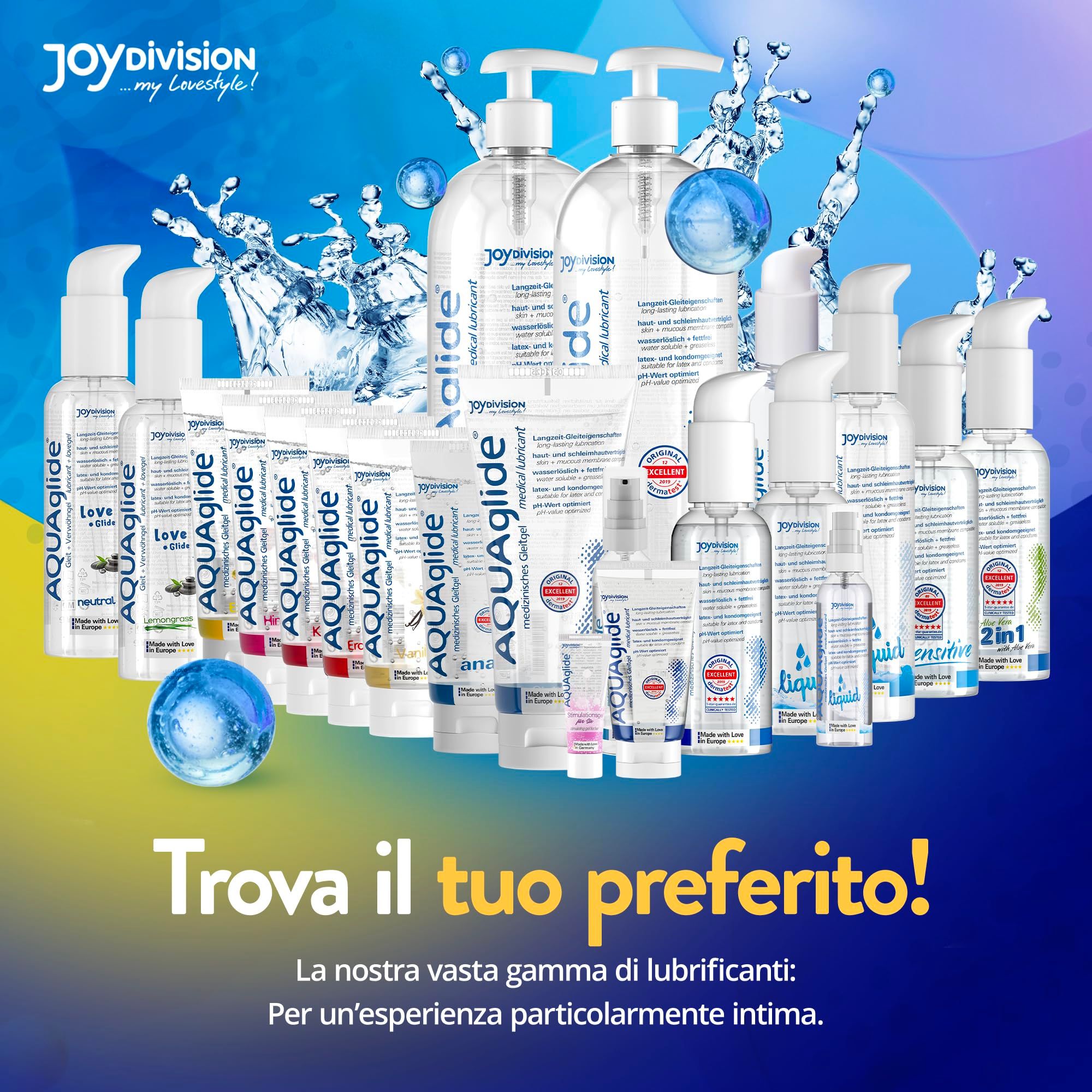 Variété de lubrifiants AQUAGLIDE dans différentes bouteilles et tubes.
