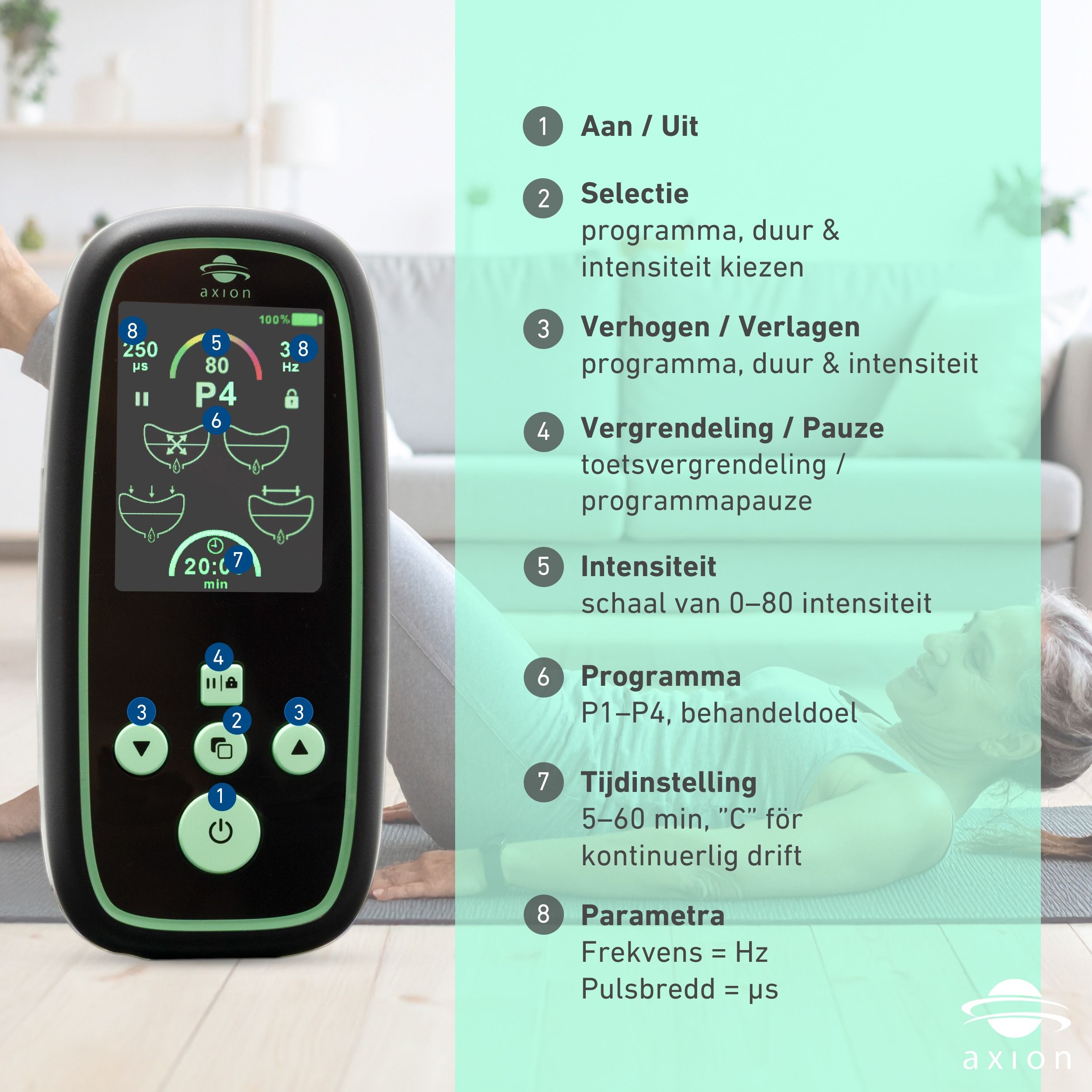 axion® I-3000 bekkenbodemtrainer met display en knoppen. Tekst met functies. Vrouw ligt op mat.