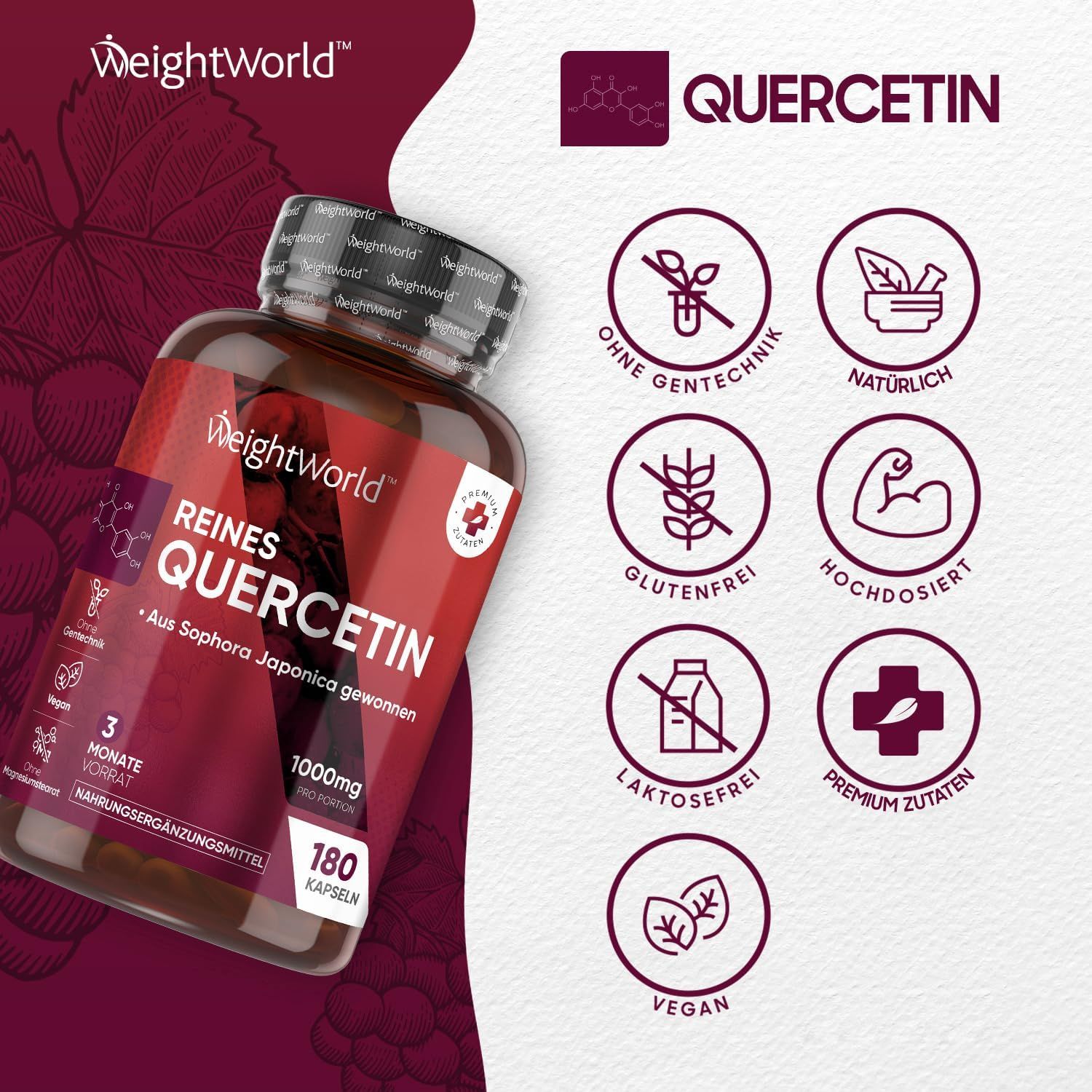 Flacon marron de gélules. Icônes : sans OGM, naturel, sans gluten, fortement dosé, sans lactose, végétalien, ingrédients premium.