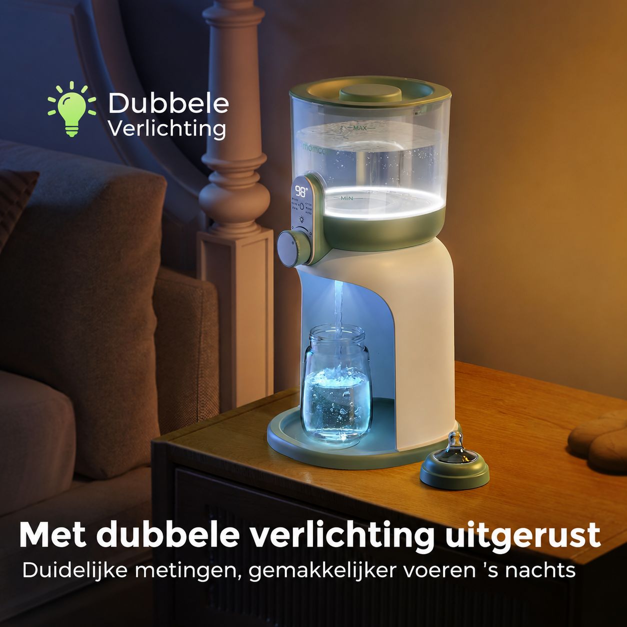 Babyflessenwarmer met dubbele verlichting, digitaal display en draaiknop. Een glas staat eronder.