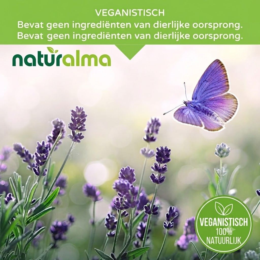 Paarse vlinder boven lavendelbloemen. Keurmerk "VEGANISTISCH 100% NATUURLIJK".