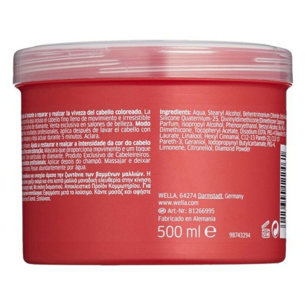 Rode pot met witte deksel. Achterkant met ingrediënten en tekst. Opschrift: 500 ml. Merk: Wella.