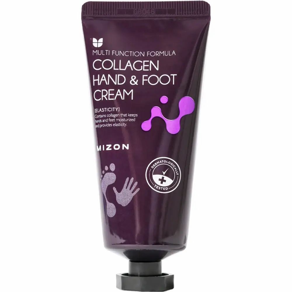Paarse tube MIZON Collagen Hand & Foot Cream. Dermatologisch getest. Voet- en handafdruk symbool.