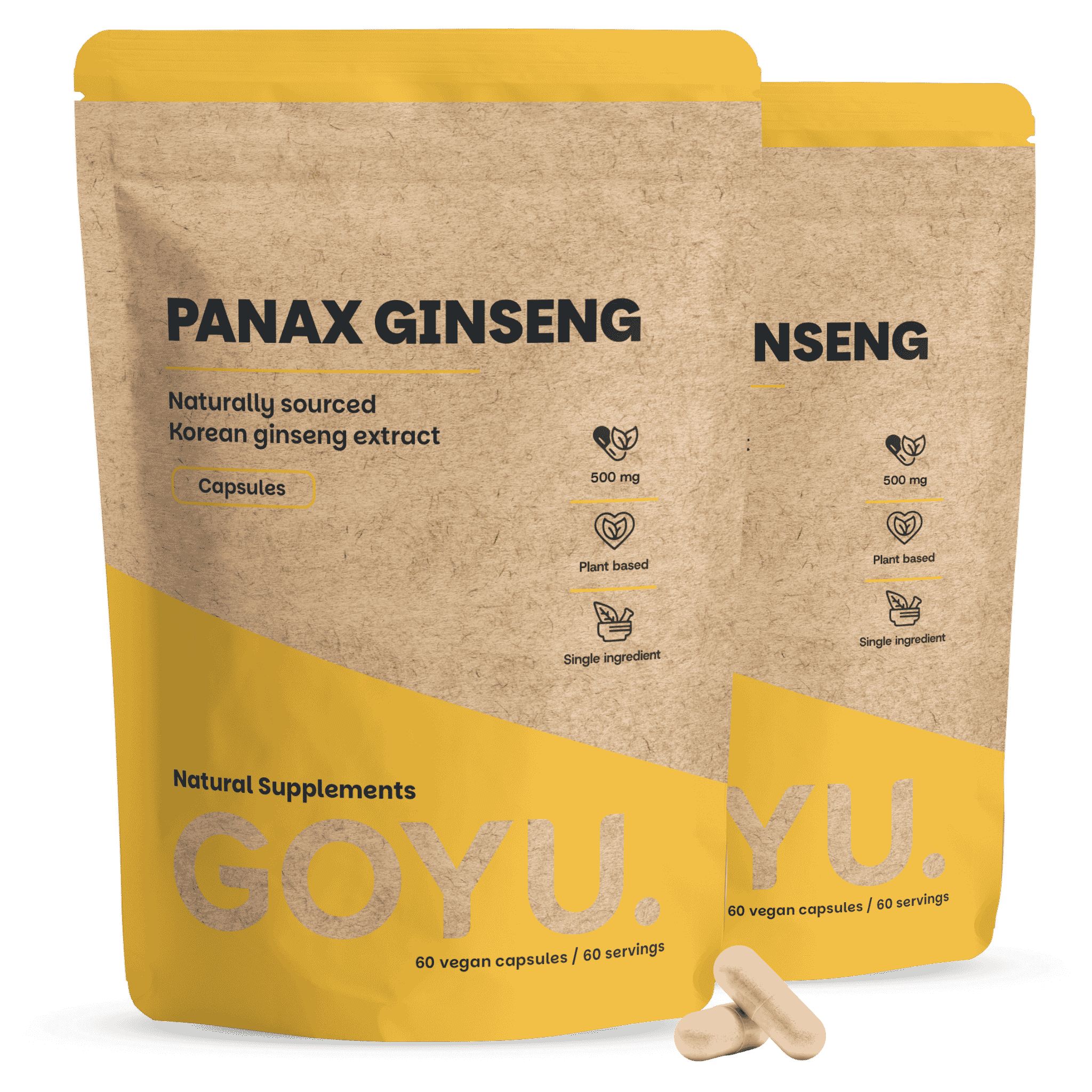 Twee bruine zakjes met Panax Ginseng capsules, 60 stuks. Eén vooraan, één licht erachter.