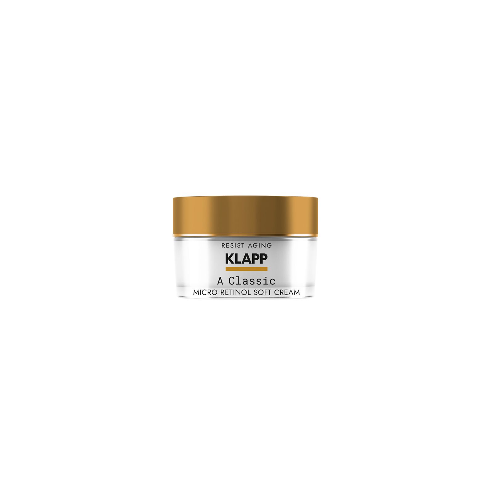 Klein crème potje met gouden deksel. Opschrift: KLAPP, A Classic Micro Retinol Soft Cream. Volume: 30 ml.