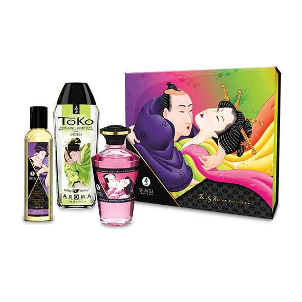 Coffret Shunga Fruity Kisses avec trois produits et emballage coloré.