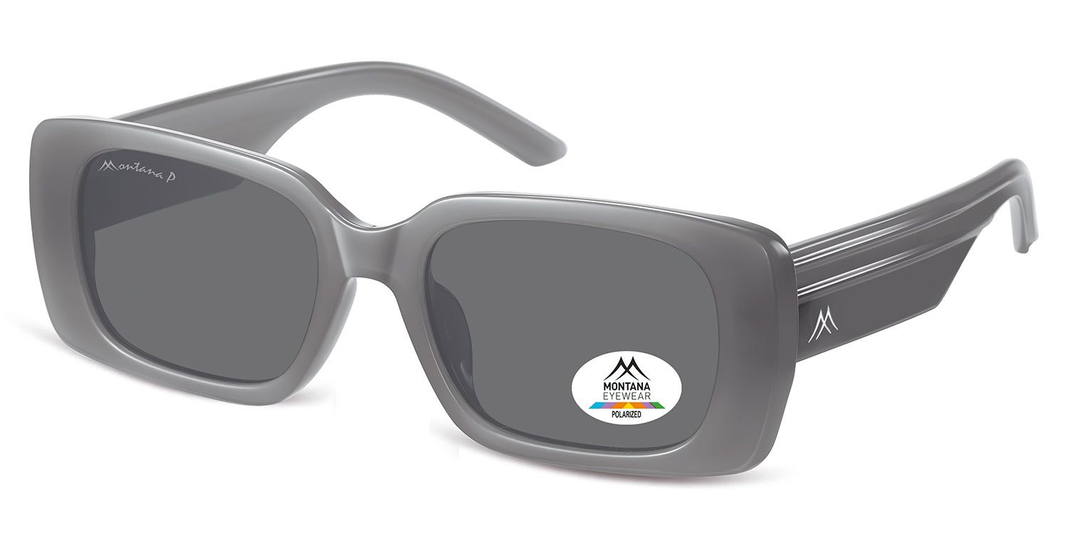 Lunettes de soleil grises, verres rectangulaires. Logo Montana Eyewear sur la branche. Autocollant polarisé sur le verre.