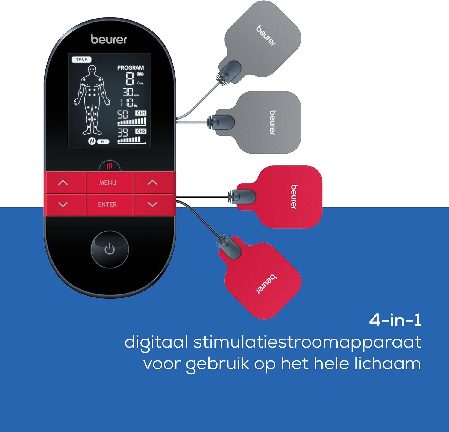 Vrouw in de sportschool met EMS-elektroden op de arm, in plankpositie.