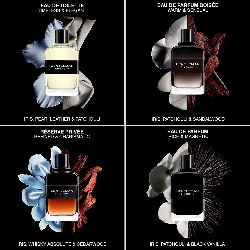 Vier flacons op zwarte achtergrond. Verschillende geuren. Opschrift: GENTLEMAN GIVENCHY. Extra elementen.