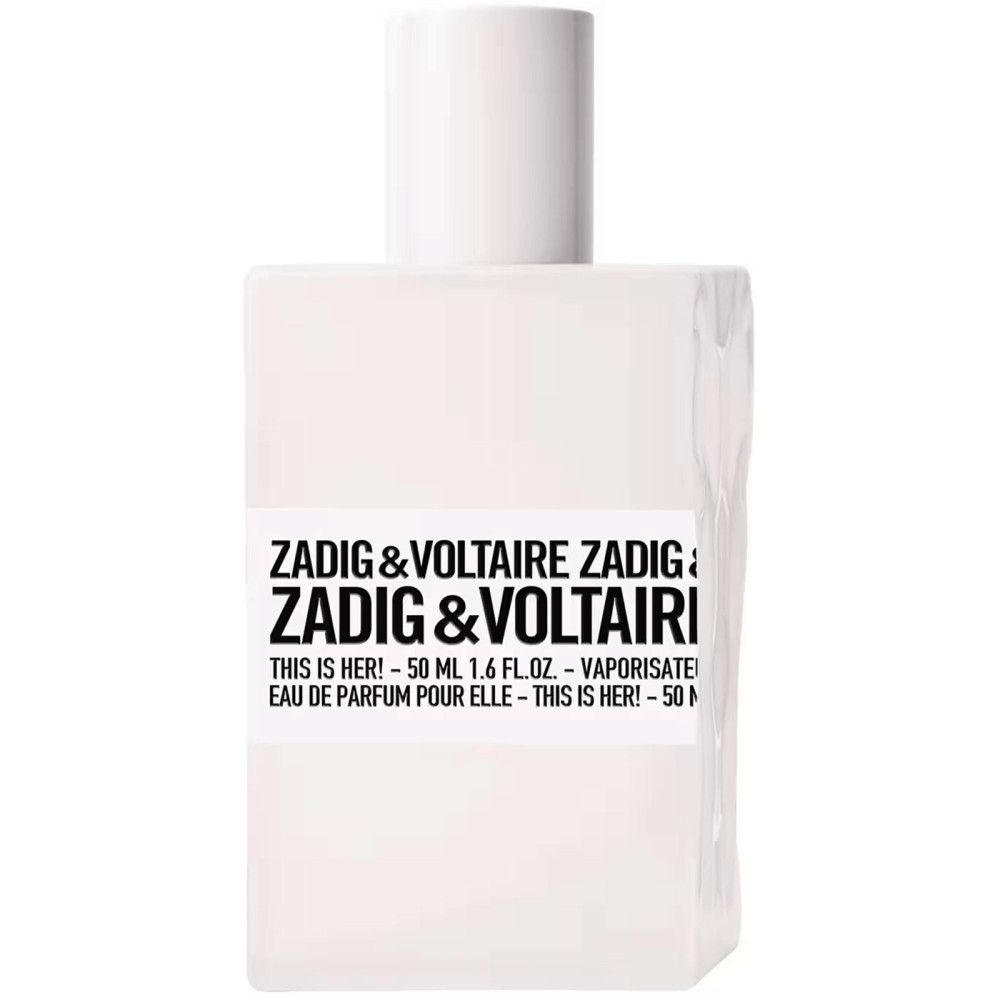 Witte fles met witte dop. Etiket met merknaam en productnaam. Tekst: Eau de Parfum pour elle.