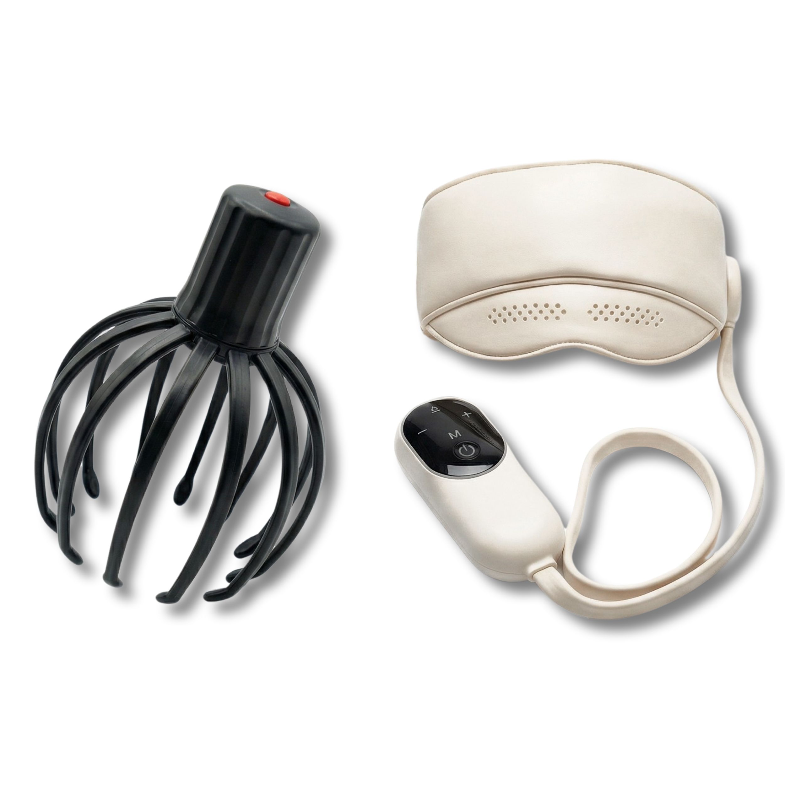 Masseur de cuir chevelu noir et masque pour les yeux chauffant blanc avec câble et commande.