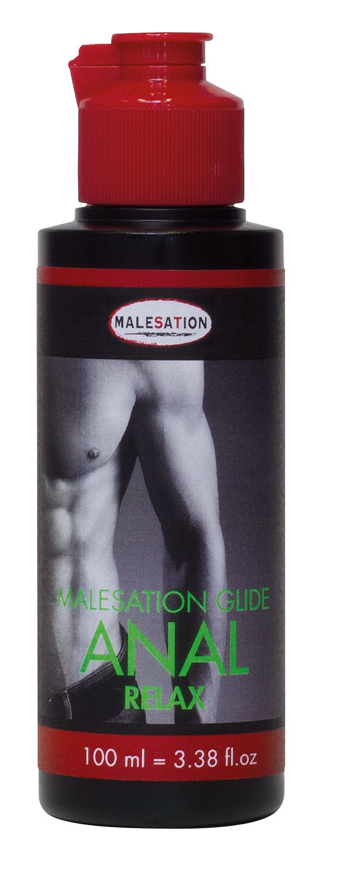 Flacon noir avec bouchon rouge, lubrifiant MALESATION ANAL RELAX, 100 ml.