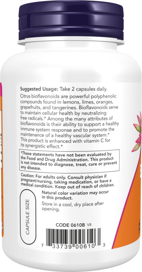 Dos du flacon. Texte: Bioflavonoïdes d'agrumes. Dosage recommandé: 2 gélules par jour. Code 0610B. NOW FOODS.